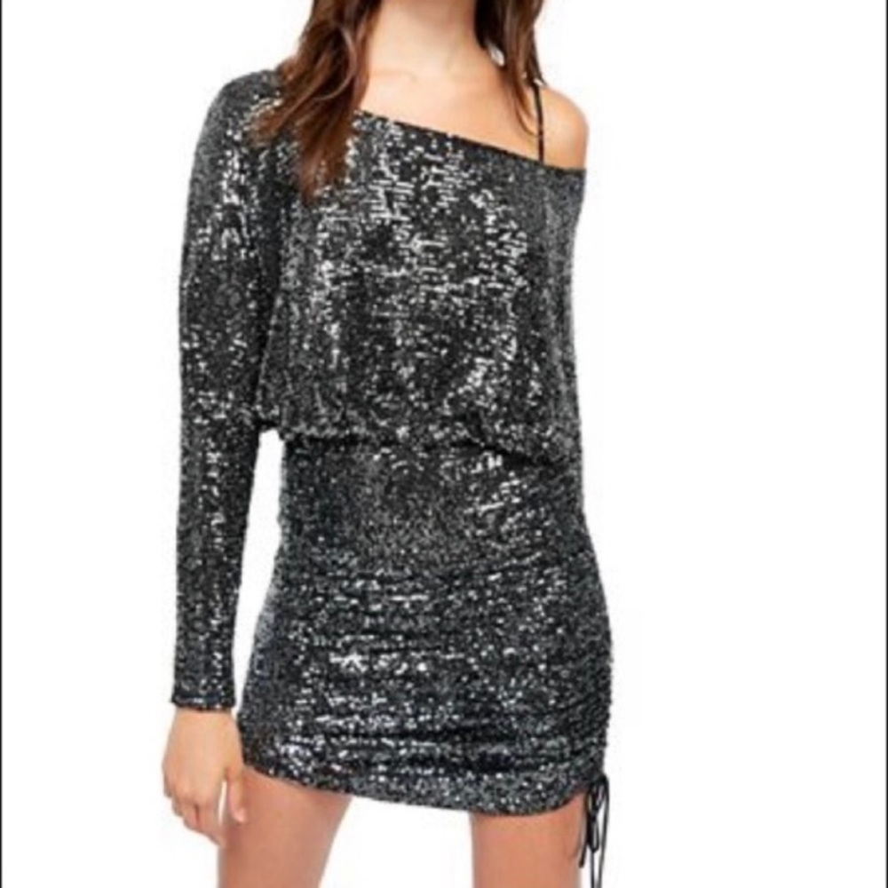 NWT Free People Black Sequin Ruched Dress SzL